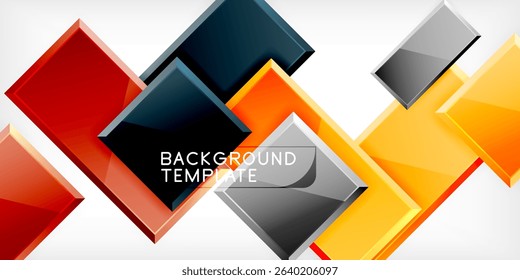 Abstract geometric design. Shiny squares overlap, creating dynamic visual effect. Colors include red, orange, gray, black. Modern template.
