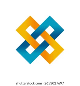 Abstract geometric design showcasing an interconnected pattern in gradients of blue and orange, symbolizing connection, innovation, and creativity with vibrant colors and dynamic visual appeal.