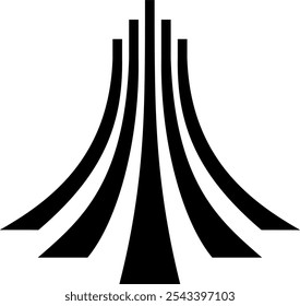 An abstract geometric design shows black converging lines or stripes forming a stylized upward-pointing arrow against a white background. Vector logo design. 