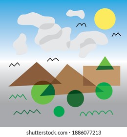 Diseño geométrico abstracto. Cuadrados, triángulos, círculos y formas orgánicas que forman un paisaje con montañas, hierba y arbustos con nubes y pájaros en el cielo. En un fondo gris y azul.
