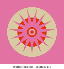 Abstract geometric design with a starburst pattern. Pink and red starburst on a beige circle. Bold starburst with vibrant colors. Geometric starburst art. Retro graphic vector.