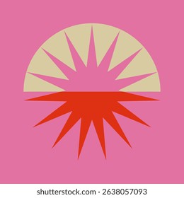 Abstract geometric design with a sunburst pattern. Sunburst features red and beige colors on a pink background. Bold sunburst and geometric shapes create a striking visual. Retro graphic vector.