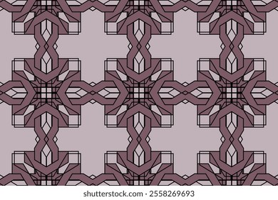 Abstract geometric design, symmetrical pattern, interwoven shapes, muted purple color scheme, intricate lines, modern art, decorative motif, repeating elements, contemporary aesthetic, visual interest