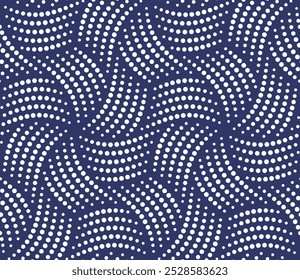 Abstract geometric design with twisted white dotted lines in the shape of vortexes on a blue background. Small dots and circles design. Seamless repeating pattern. Dotty modern style.