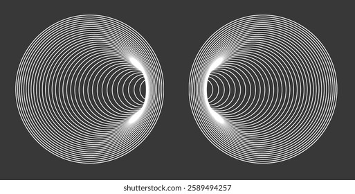 Abstract geometric design with two symmetrical circular patterns, black and white optical illusion effect, and curved concentric lines creating a futuristic 3D tunnel illusion.