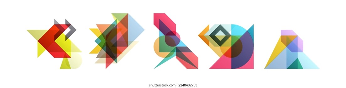 Abstraktes geometrisches Design. Vektorgrafik aus verschiedenen überlappenden Elementen. Gilt für Banner, Plakate, Plakate, Flyer. 