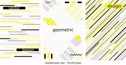Abstract geometric design vector. Lines memphis style pattern. Yellow, black and grey vector illustration set