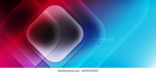 Abstractas diseño geométrico. Los Gradientes azules, rosados y púrpuras vibrantes crean un telón de fondo moderno. Cuadrados superpuestos, las curvas sugieren profundidad.