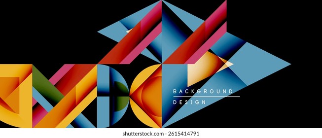 Abstract geometric design. Vibrant colors overlap, creating dynamic visual effect. Black background emphasizes shapes, lines. Modern, stylish composition.
