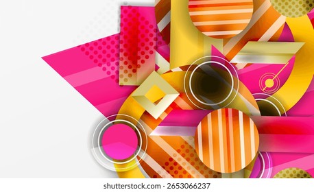 Abstract geometric design. Vibrant colors, shapes overlap creating dynamic composition. Modern style, clean lines, visual texture.