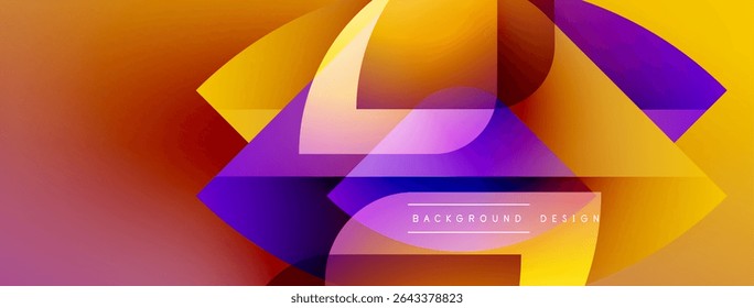 Abstract geometric design. Vibrant gradients blend orange, purple, pink hues. Modern background with layered shapes, dynamic composition.