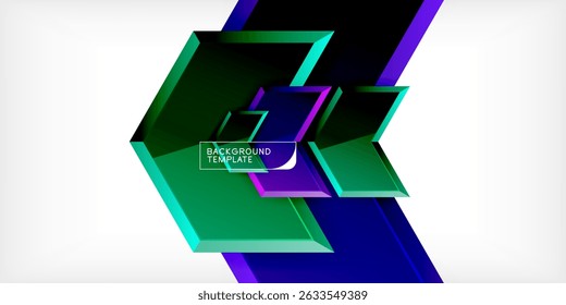 Abstract geometric design. Vibrant green, purple hues create layered effect. Modern template for backgrounds, presentations.