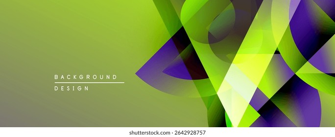 Abstract geometric design. Vibrant green, purple hues blend. Modern background texture creates dynamic visual effect.