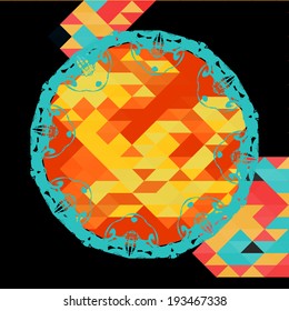 Abstract geometric design: vibrant illustration features central circular motif surrounded by intricate border, showcasing warm orange and yellow hues with dynamic triangular shapes that create movement and energy. Deep black background contrasts sharply with vivid tones, while turquoise, red, and light blue geometric patterns provide bold visual frame that enriches overall composition. Sharp lines and vibrant contrasts embody modern aesthetic with youthful dynamism, as intricate border incorporates delicate decorative motifs adding elegance to artwork. Surrounding geometric shapes create depth and layers within piece, fostering sense of creativity through lively engaging color scheme. Suitable for various applications including digital art, contemporary decor, branding, and fashion design, this illustration emphasizes modern aesthetics with visual appeal through its structured yet dynamic arrangement. The composition blends ornamental geometry with abstract painting elements, offering versatile graphic resource for designers.