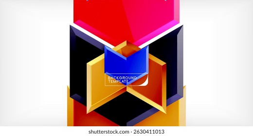 Abstract geometric design. Vibrant layers create depth, using red, blue, orange hues. Modern template for backgrounds, presentations.