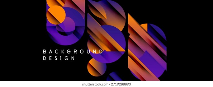 Abstraktes geometrisches Design. Lebendige orangefarbene, violette Farbtöne überlagern sich und erzeugen dynamische Komposition. Moderner Hintergrund für verschiedene Projekte geeignet.