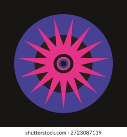 Abstract geometric design with a vibrant pink starburst on a purple circle. The starburst pattern creates a dynamic, eye-catching visual effect. Modern abstract art. Star shape illustration vector.