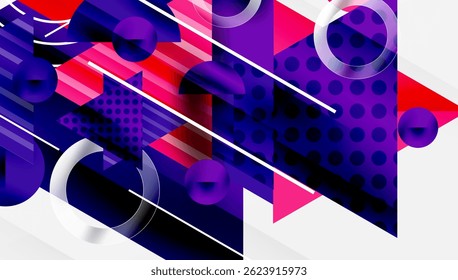 Abstract geometric design. Vibrant purple, pink, red hues dominate composition. Lines, circles, triangles create dynamic visual effect.