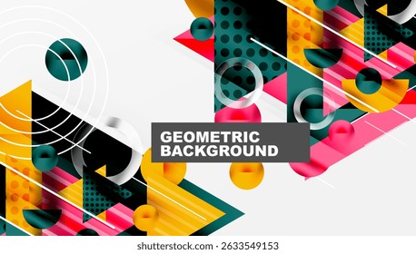 Abstract geometric design. Vibrant shapes overlap, creating dynamic composition. Colors include pink, teal, yellow, dark blue. Modern aesthetic.