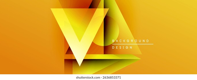 Abstract geometric design. Vibrant yellow, orange hues create layered triangular shapes. Modern background suitable for digital projects.