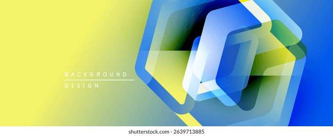 Abstract geometric design. Vibrant yellow blends into blue. Overlapping hexagons create dynamic visual effect. Modern, clean aesthetic.