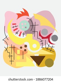 Abstract geometric design. Warm colors and shapes on a White background. Lines, circles, square, and sharp shapes. Everything resembles the profile of a rooster.