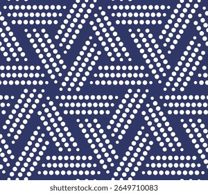 Abstract geometric design with white dotted lines in the shape of vortexes on a blue background. Small dots and circles design. Seamless repeating pattern. Abstract vector illustration.
