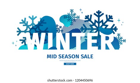 Abstract geometric design for winter. Christmas offer banner with vector liquid form and decor of snowflakes and sparkles. Blue creative template mid season sale graphic with fluid dynamic shape