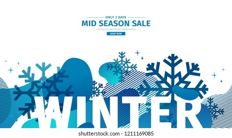 Abstract geometric design for winter. Christmas offer banner with vector liquid form and decor of snowflakes and sparkles. Blue creative template mid season sale graphic with fluid dynamic shape