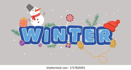 Abstraktes geometrisches Design für den Winter. Neujahr bieten Banner mit Vektorillustration Dekoration von Hüten, Fingern, Schnee, Schneemann, Baum Äste, Geschenke und Spielzeug. Vorlage für kreative Wintersaison