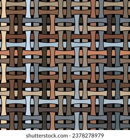 Abstract geometric design. Woven wicker with interlaced brown, grey, and orange stripes on a black background. Seamless repeating pattern. Striped texture. Vector illustration. 