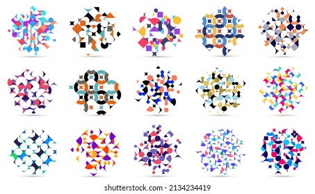 Abstract geometric designs big set vector pattern compositions, colorful 70s retro style templates art isolated over white, creative elegant backgrounds.