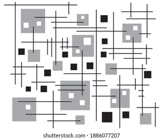 Abstract geometric designs. Black lines and gray squares of different shades spread out. Some squares are within other squares. All on a white background.