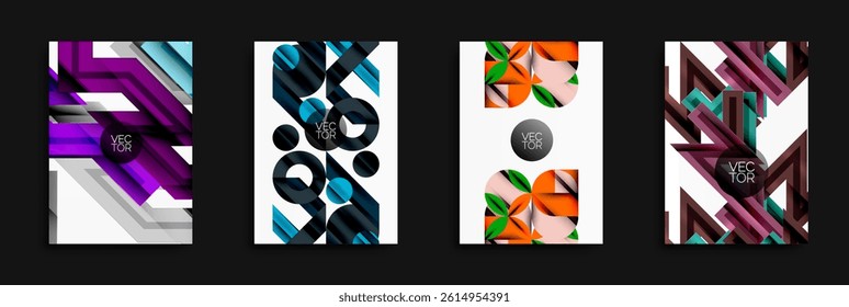 Abstract geometric designs. Bright colors, layered shapes, modern vector illustrations. Minimalist compositions, dynamic patterns, stylish backgrounds.
