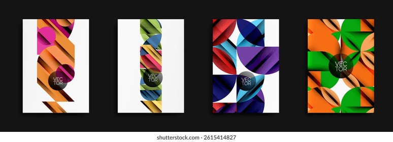 Abstract geometric designs. Bright colors, overlapping shapes create modern visuals. Vector illustrations for backgrounds or covers.