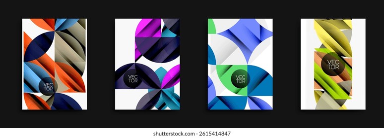 Abstract geometric designs. Bright colors, shapes overlap creating dynamic compositions. Vector illustrations for backgrounds or posters.