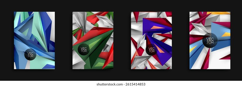 Abstract geometric designs. Bright colors, sharp angles, dynamic compositions. Vector illustrations suitable for modern backgrounds.