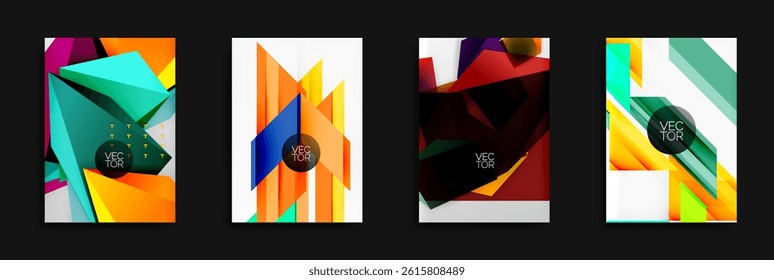 Abstract geometric designs. Bright colors, shapes overlap creating dynamic compositions. Vector illustrations suitable backgrounds.