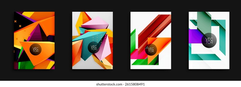 Abstract geometric designs. Bright colors, overlapping shapes, dynamic compositions. Modern vector illustrations for backgrounds or posters.