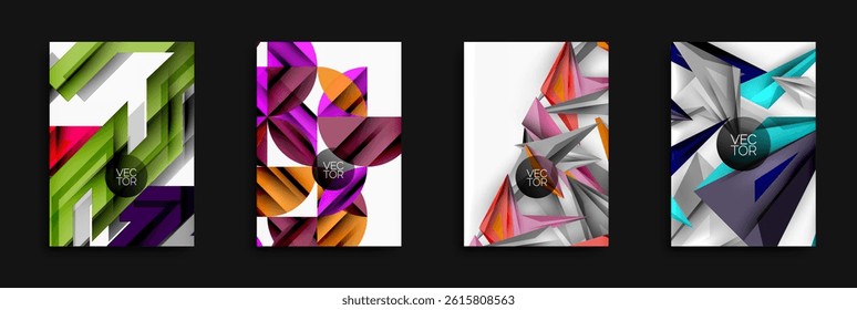 Abstract geometric designs. Bright colors, sharp angles, modern style. Vector illustrations for backgrounds, flyers, covers.