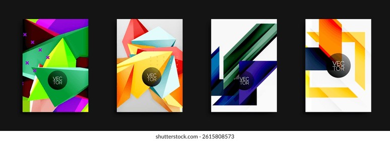 Abstract geometric designs. Bright colors, overlapping shapes, dynamic compositions. Modern vector illustrations for backgrounds.