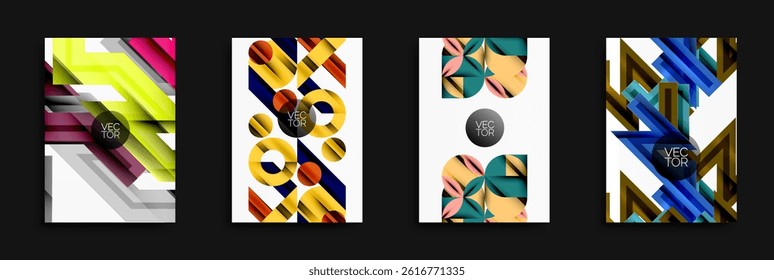 Abstract geometric designs. Bright colors, layered shapes, dynamic compositions. Modern vector illustrations for backgrounds or flyers.