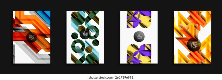 Abstract geometric designs. Bright colors, overlapping shapes create dynamic compositions. Vector illustrations for modern backgrounds.