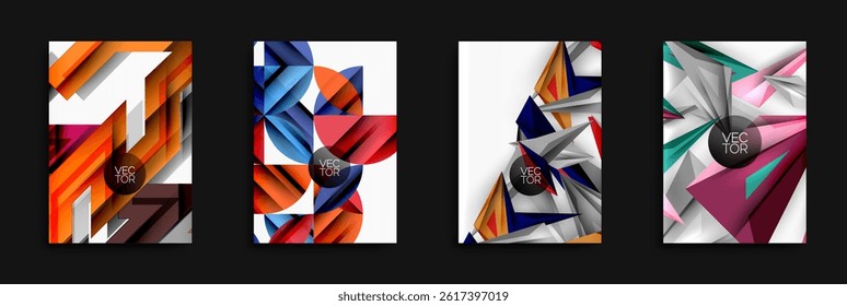 Abstract geometric designs. Bright colors, sharp angles, modern style. Vector illustrations suitable for backgrounds, flyers, posters.