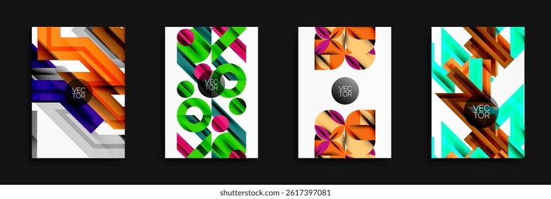 Abstract geometric designs. Bright colors, overlapping shapes, dynamic compositions. Modern vector illustrations for backgrounds.