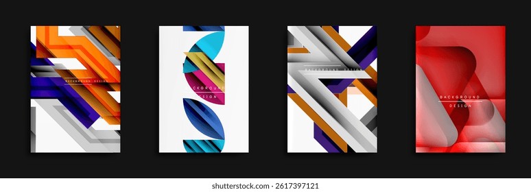 Abstract geometric designs. Bright colors overlap, creating layered visual effects. Modern backgrounds suitable for digital projects.