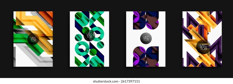 Abstract geometric designs. Bright colors, layered shapes, modern vector illustrations. Minimalist compositions, dynamic patterns, visual harmony.