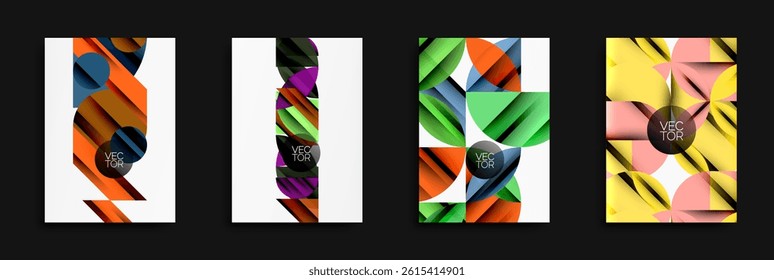 Abstract geometric designs. Colorful overlapping shapes create dynamic compositions. Modern vector illustrations for backgrounds.
