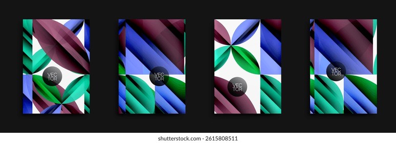 Abstract geometric designs. Colorful overlapping shapes create dynamic patterns. Modern vector illustrations for backgrounds, flyers.