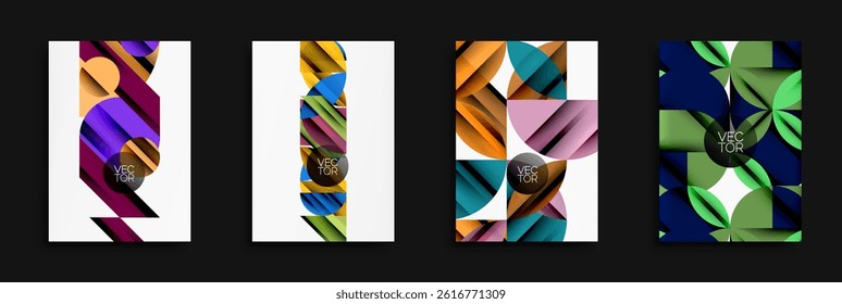 Abstract geometric designs. Colorful shapes overlap, creating dynamic compositions. Modern vector illustrations for backgrounds.